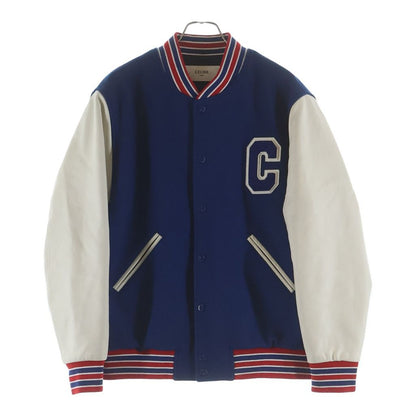Celine Teddy Patch Logo Leather Wool Stadium Jacket Blue — view 2