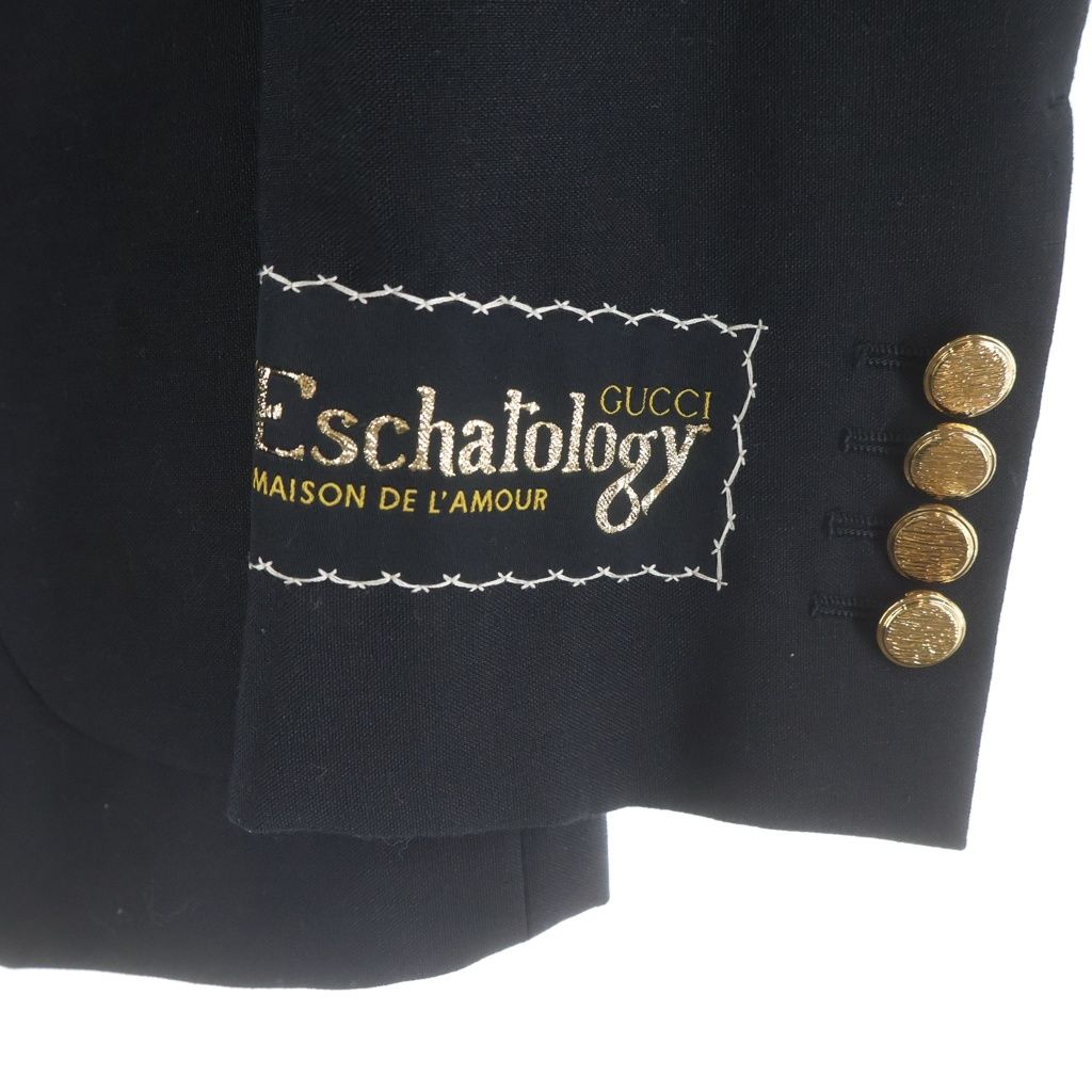 Gucci Eschatology Sleeve Patch Gold Button Peak Lapel Black Leather Tweed Jacket — view 6