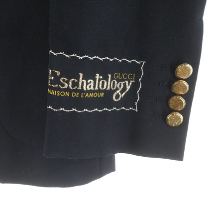 Gucci Eschatology Sleeve Patch Gold Button Peak Lapel Black Leather Tweed Jacket — view 6
