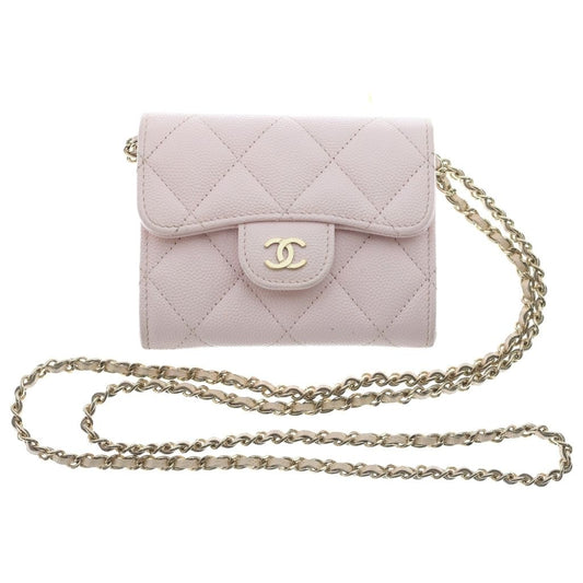 Chanel Mini Chain Wallet Shoulder Baby Pink Caviar Leather Gold