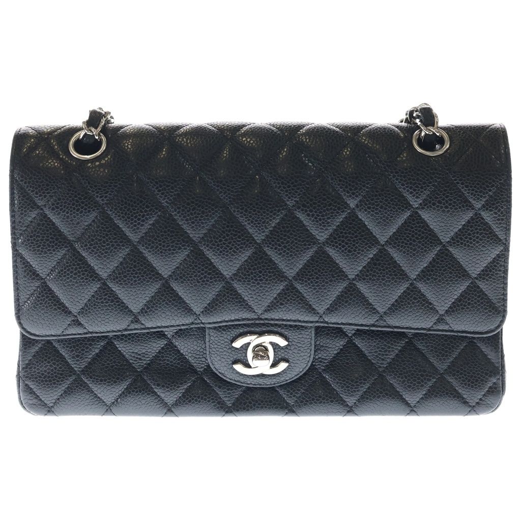Chanel Quilted 25 Double Flap Chain Shoulder Bag Black Caviar Leather Silver