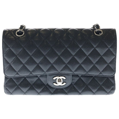 Chanel Quilted 25 Double Flap Chain Shoulder Bag Black Caviar Leather Silver