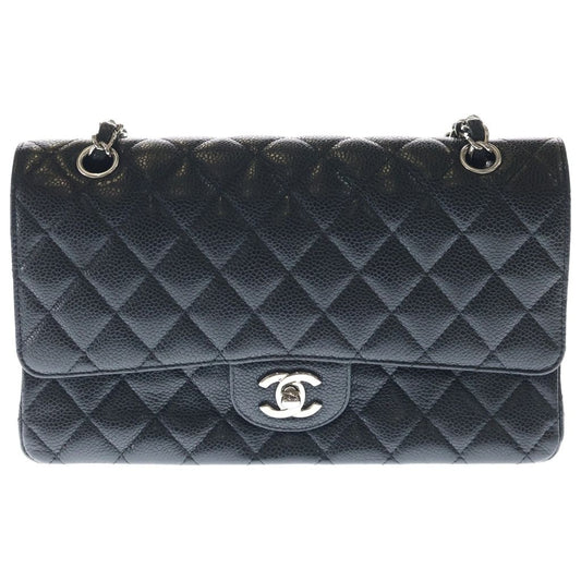 Chanel Quilted 25 Double Flap Chain Shoulder Bag Black Caviar Leather Silver