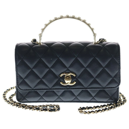 Chanel Quilted Coco Handle Chain Wallet Pearl Mini Shoulder Bag Black Lambskin