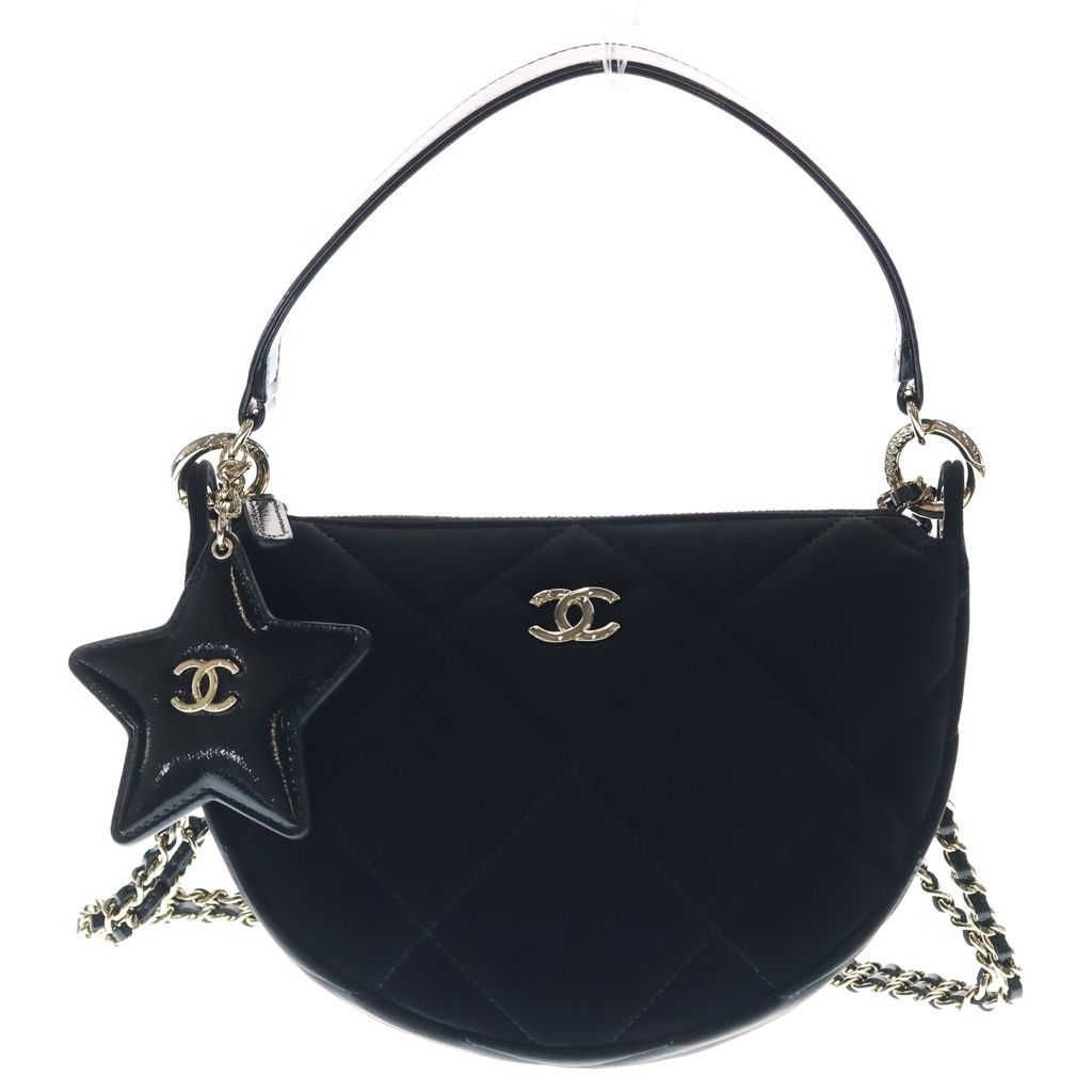 Chanel Star Chain Clutch Shoulder Bag Black Velvet Effect Nylon Gold