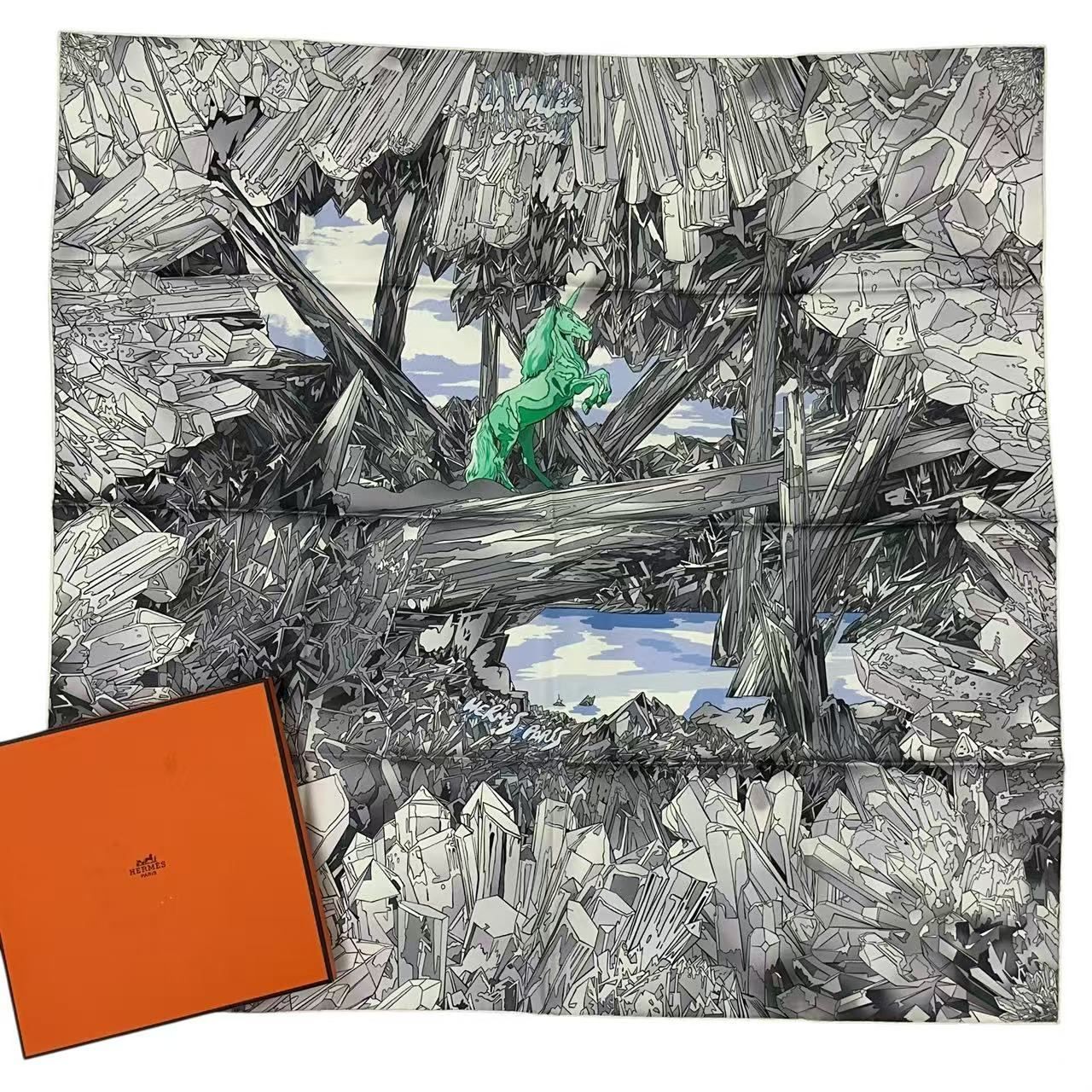 Hermes Scarf Silk Carre 90 la Vallee de Cristal Gray