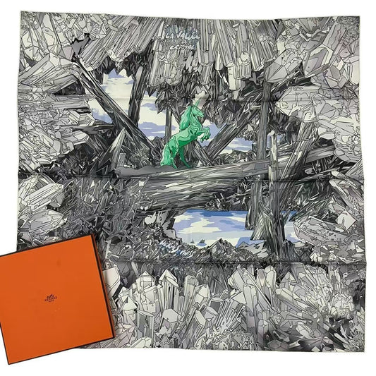 Hermes Scarf Silk Carre 90 la Vallee de Cristal Gray