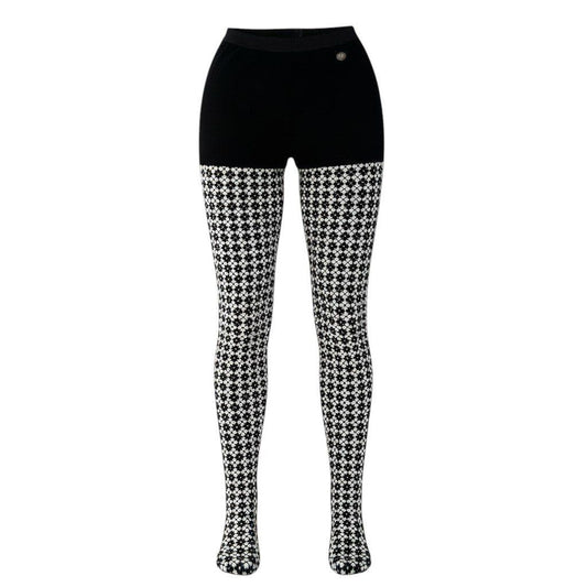 Chanel Knit Pants Tights CC Logo Agyle Pattern S Black White