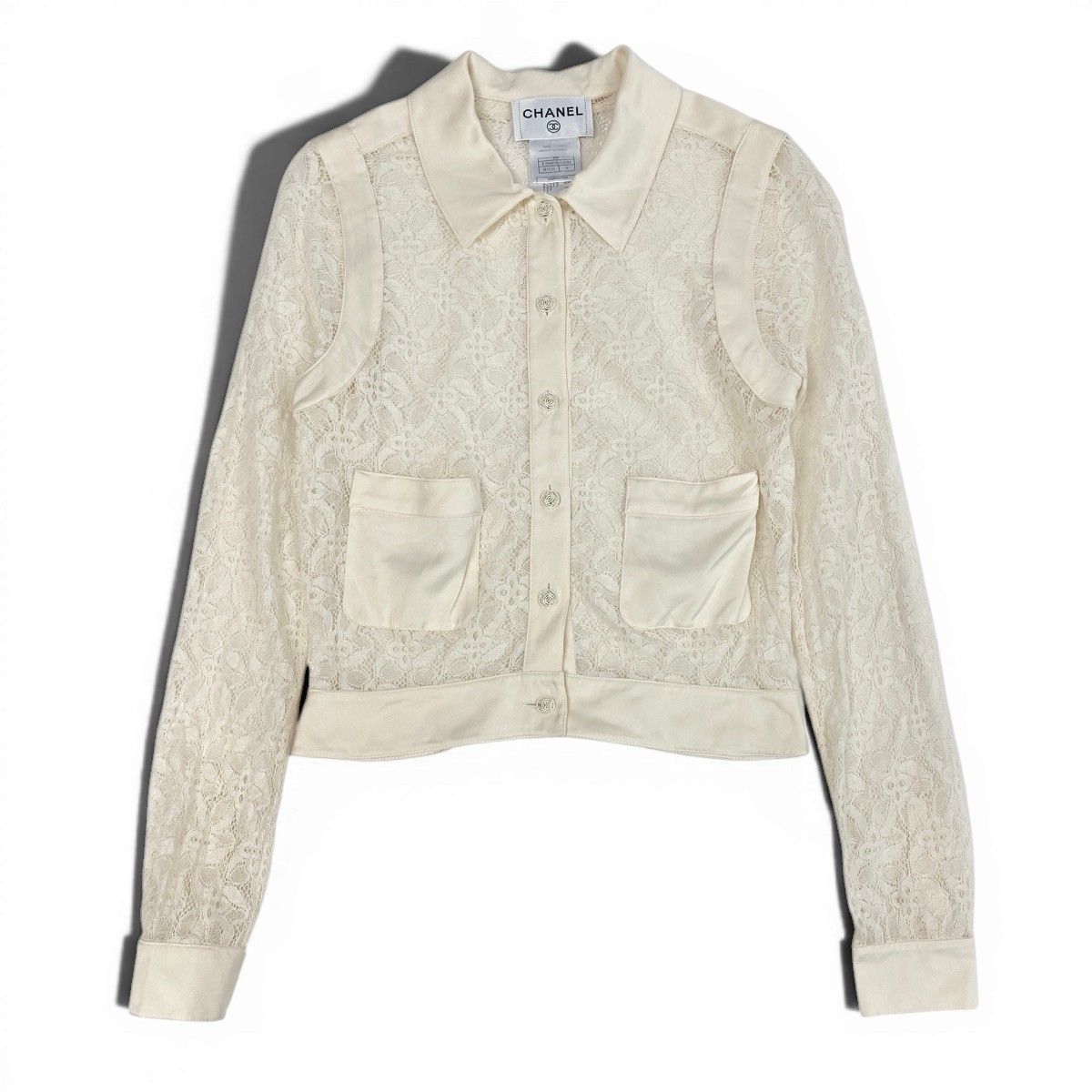 Chanel Cruise Line Lace Blouse Long Sleeve Shirt CC Logo Button 36 Off White