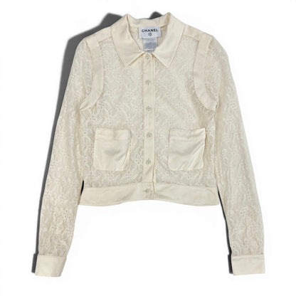Chanel Cruise Line Lace Blouse Long Sleeve Shirt CC Logo Button 36 Off White