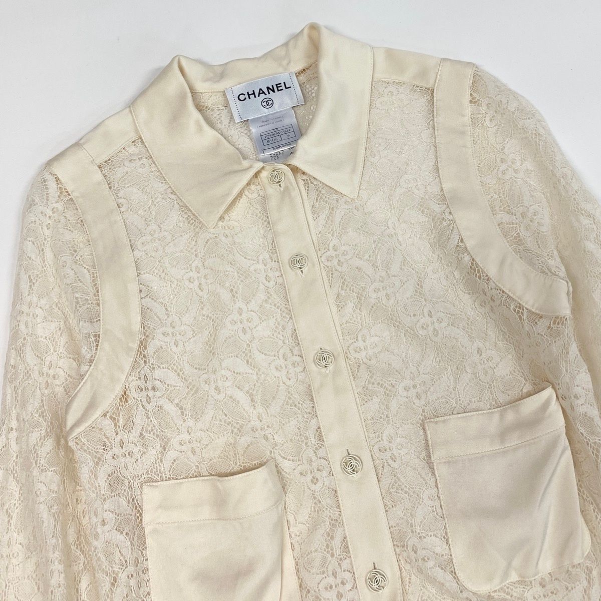 Chanel Cruise Line Lace Blouse Long Sleeve Shirt CC Logo Button 36 Off White — view 4