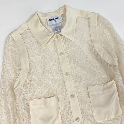 Chanel Cruise Line Lace Blouse Long Sleeve Shirt CC Logo Button 36 Off White — view 4