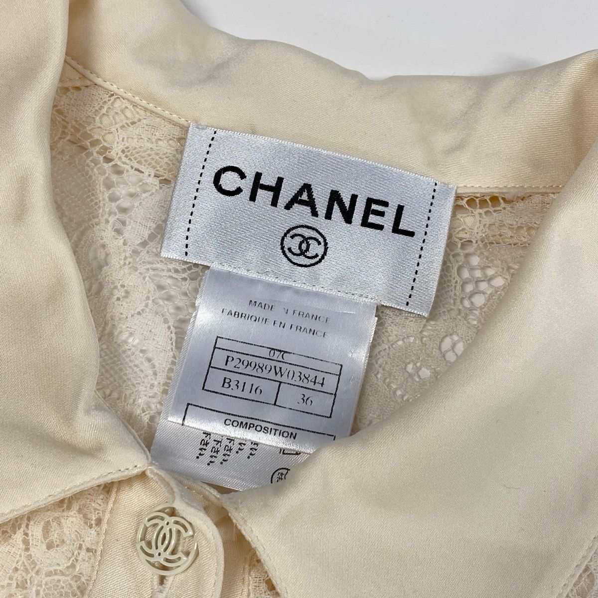 Chanel Cruise Line Lace Blouse Long Sleeve Shirt CC Logo Button 36 Off White — view 7
