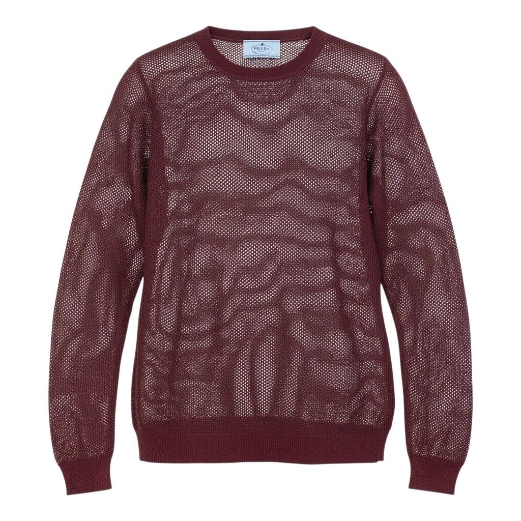 Prada Long Sleeve Knit Mesh 42 Burgundy 100% Rayon Sweater