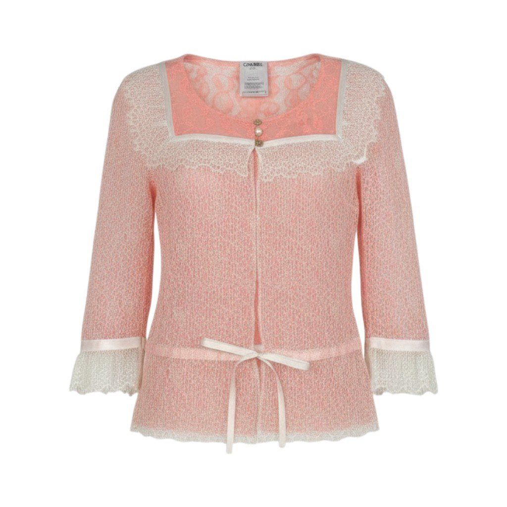 Chanel CC Logo Button Full Lace Cardigan Ribbon 36 Salmon Pink White