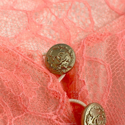 Chanel CC Logo Button Full Lace Cardigan Ribbon 36 Salmon Pink White — view 7