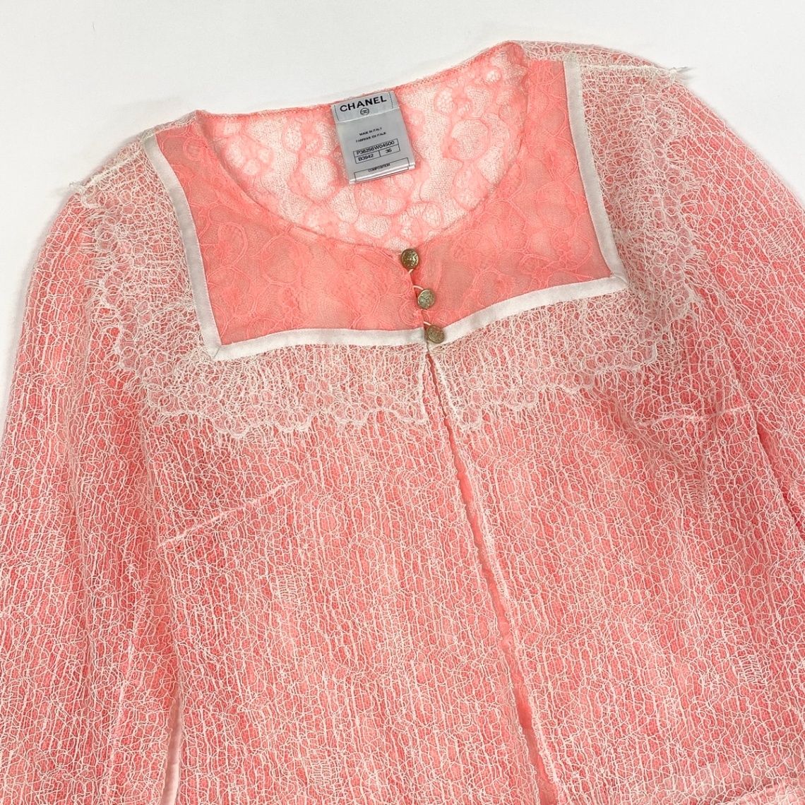 Chanel CC Logo Button Full Lace Cardigan Ribbon 36 Salmon Pink White — view 4