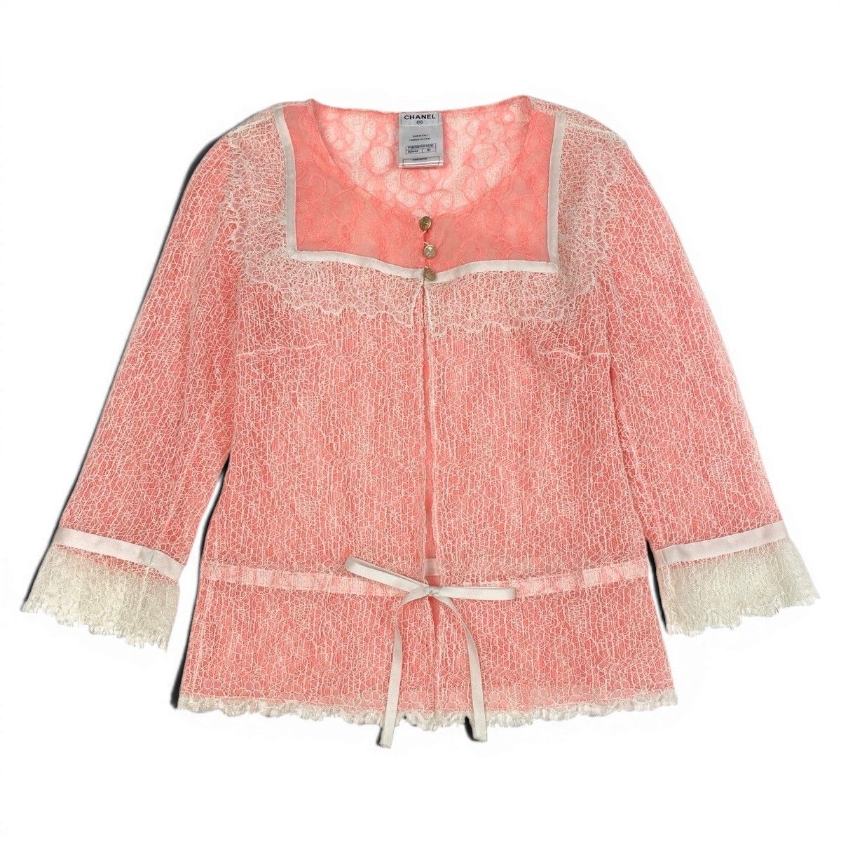 Chanel CC Logo Button Full Lace Cardigan Ribbon 36 Salmon Pink White — view 2