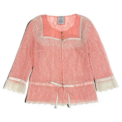 Chanel CC Logo Button Full Lace Cardigan Ribbon 36 Salmon Pink White — view 2