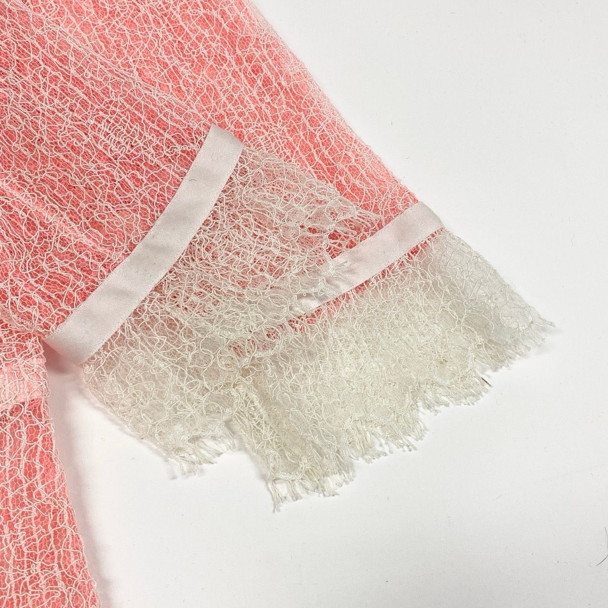 Chanel CC Logo Button Full Lace Cardigan Ribbon 36 Salmon Pink White — view 6