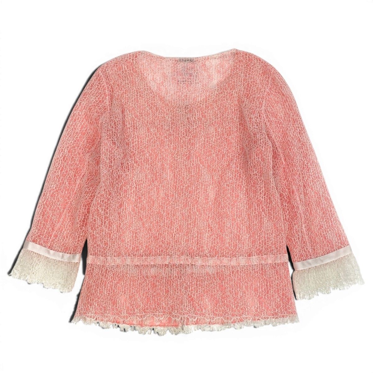 Chanel CC Logo Button Full Lace Cardigan Ribbon 36 Salmon Pink White — view 3