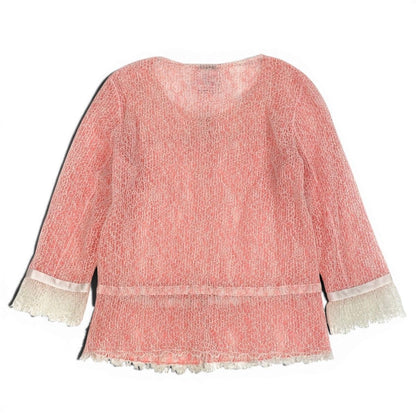 Chanel CC Logo Button Full Lace Cardigan Ribbon 36 Salmon Pink White — view 3