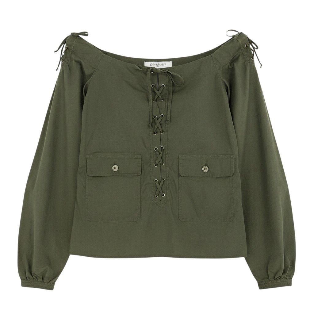 Saint Laurent Era Lace Up Off Shoulder Top Khaki