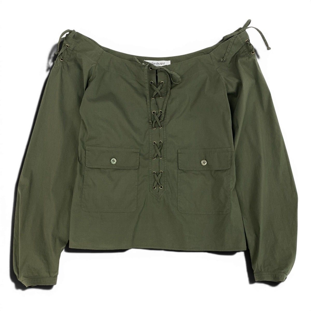Saint Laurent Era Lace Up Off Shoulder Top Khaki — view 2