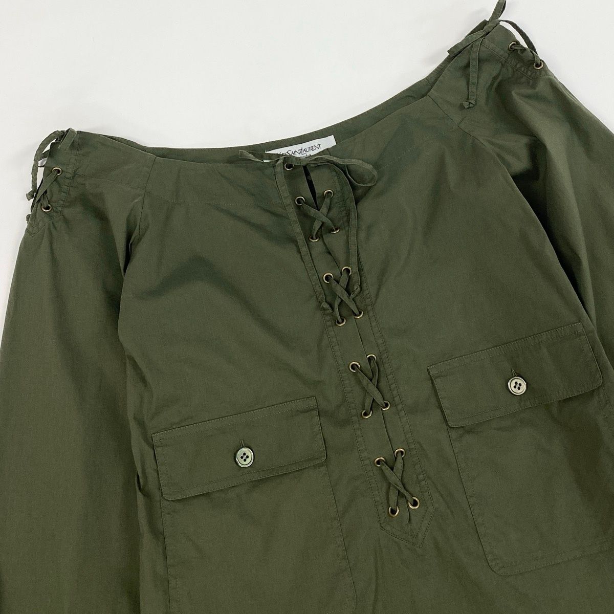 Saint Laurent Era Lace Up Off Shoulder Top Khaki — view 4