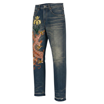 Gucci Dragon Flour Embroidery Vintage Wash Denim Pants Embroidered Jeans 30