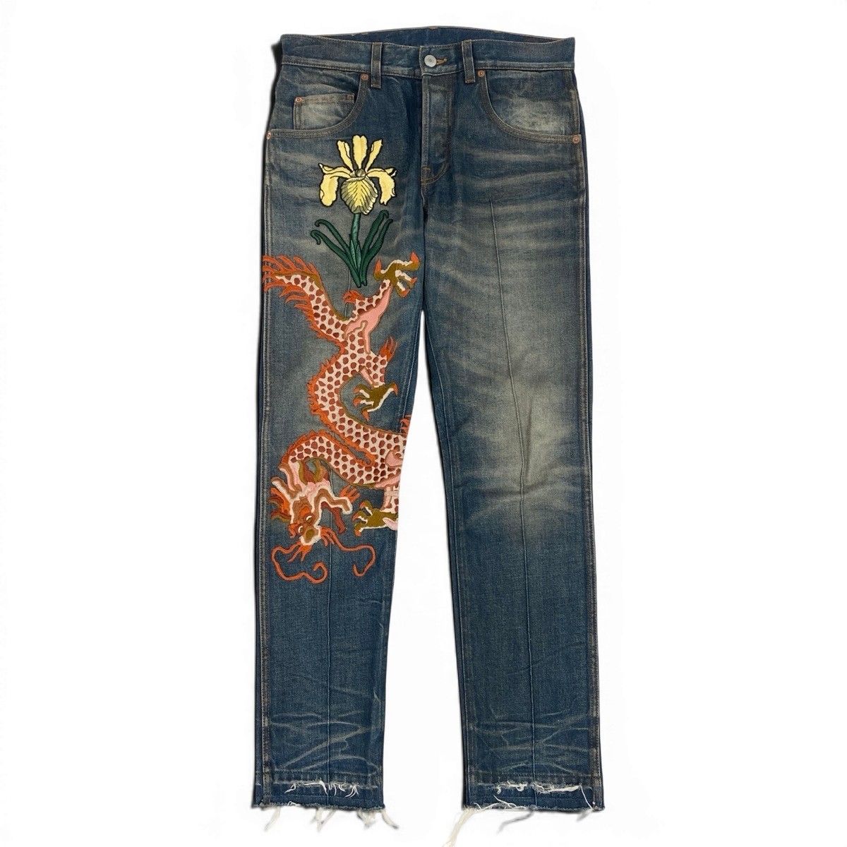Gucci Dragon Flour Embroidery Vintage Wash Denim Pants Embroidered Jeans 30 — view 2