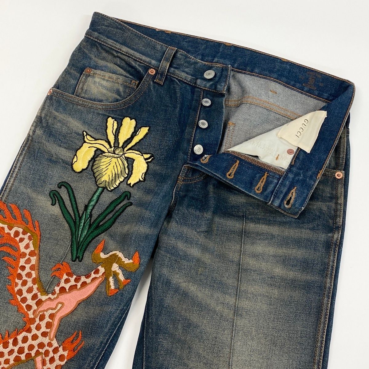 Gucci Dragon Flour Embroidery Vintage Wash Denim Pants Embroidered Jeans 30 — view 4