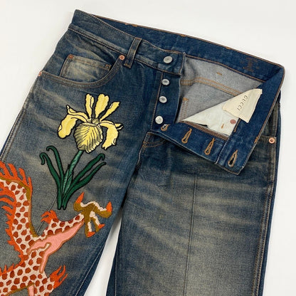 Gucci Dragon Flour Embroidery Vintage Wash Denim Pants Embroidered Jeans 30 — view 4