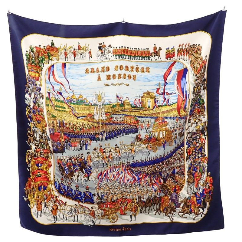 Hermes Carre 90 Grand Cortege A' Moscou Moscow March Scarf Silk Navy Multicolor