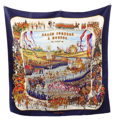 Hermes Carre 90 Grand Cortege A' Moscou Moscow March Scarf Silk Navy Multicolor
