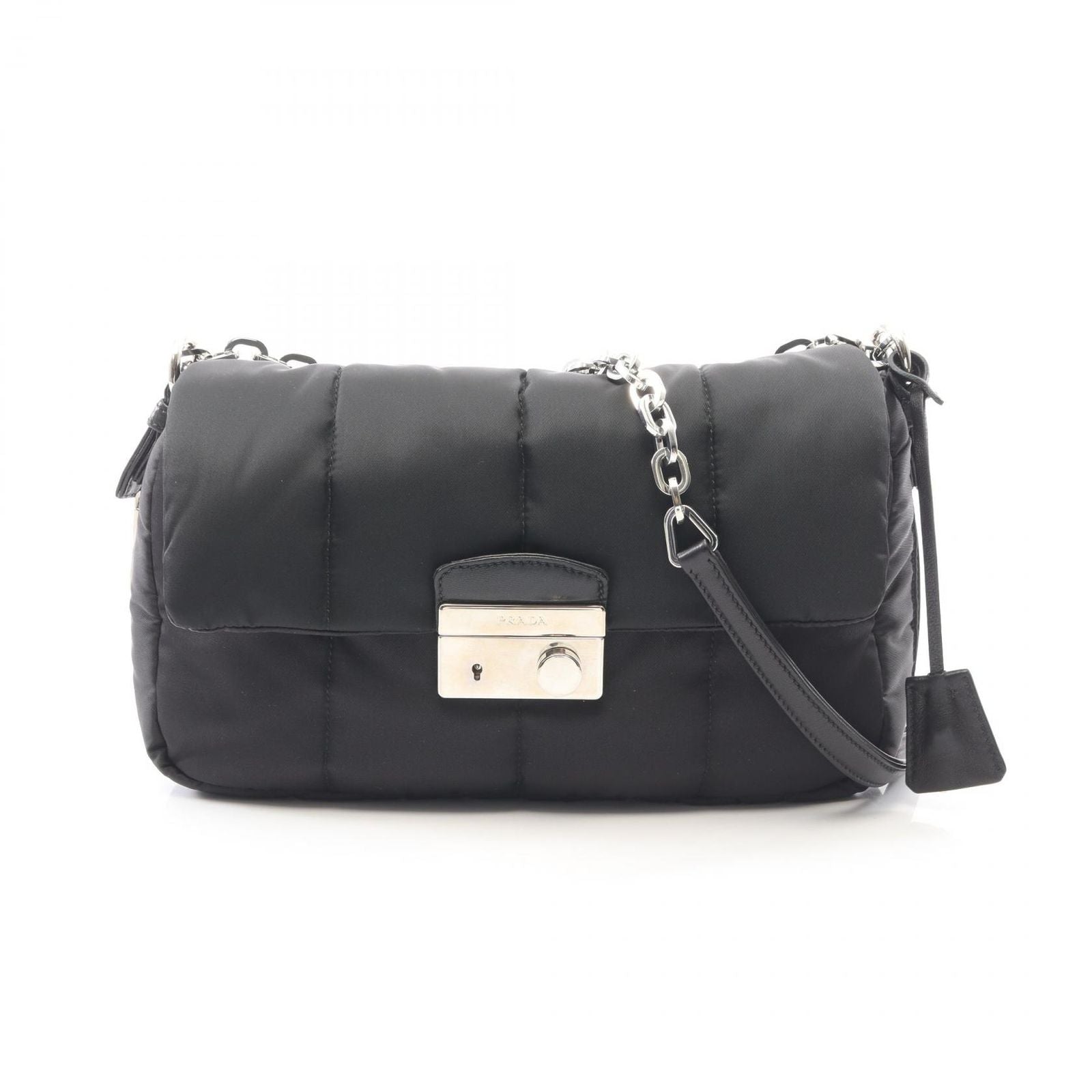 Prada Shoulder Bag Tessuto Bomber Black Nylon Leather Chain