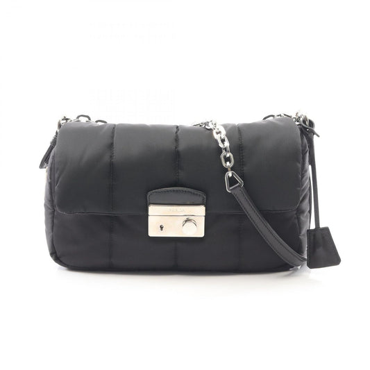 Prada Shoulder Bag Tessuto Bomber Black Nylon Leather Chain