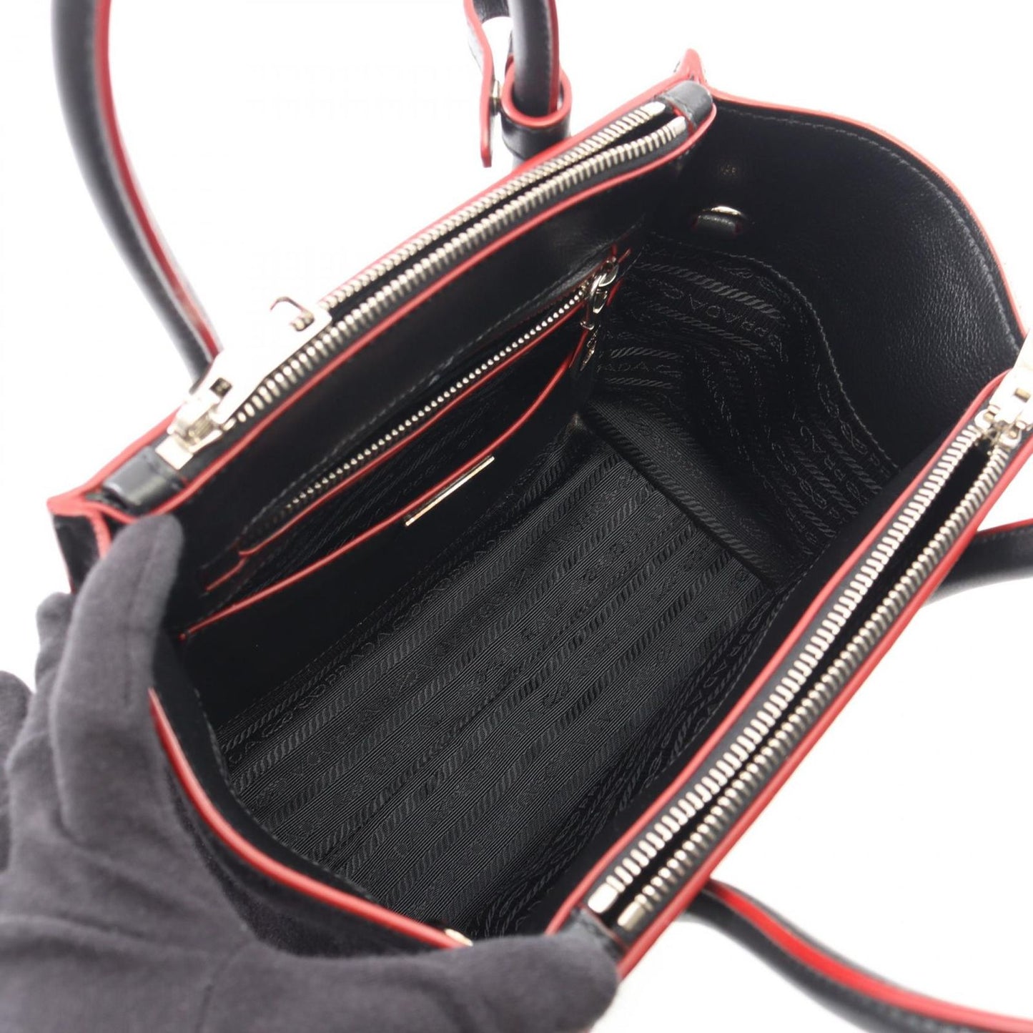 Prada Handbag Glace Calf Scam 2-Way Black Leather Suede — view 3