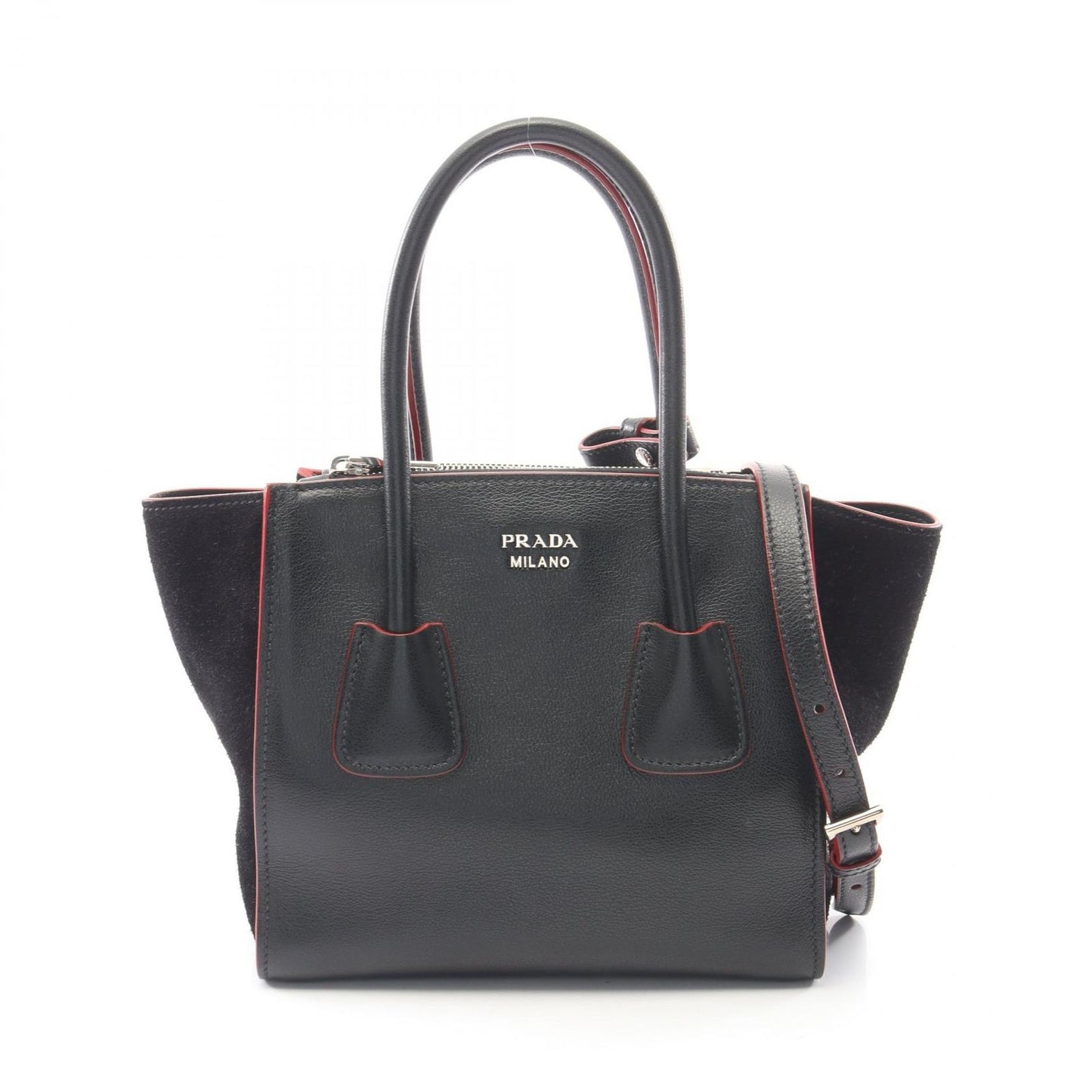 Prada Handbag Glace Calf Scam 2-Way Black Leather Suede