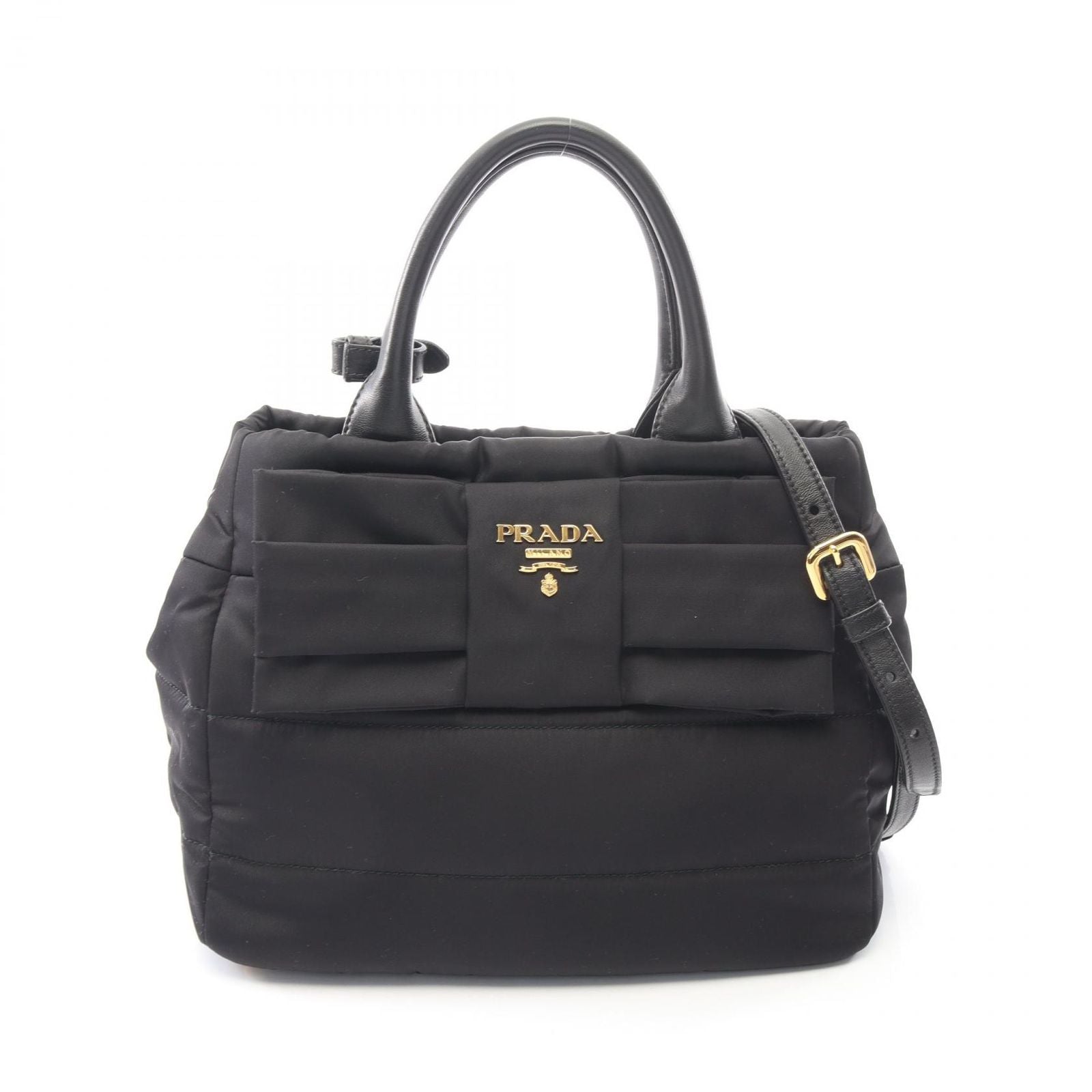 Prada Handbag Tessuto Bomber Ribbon 2-Way Black Nylon Leather