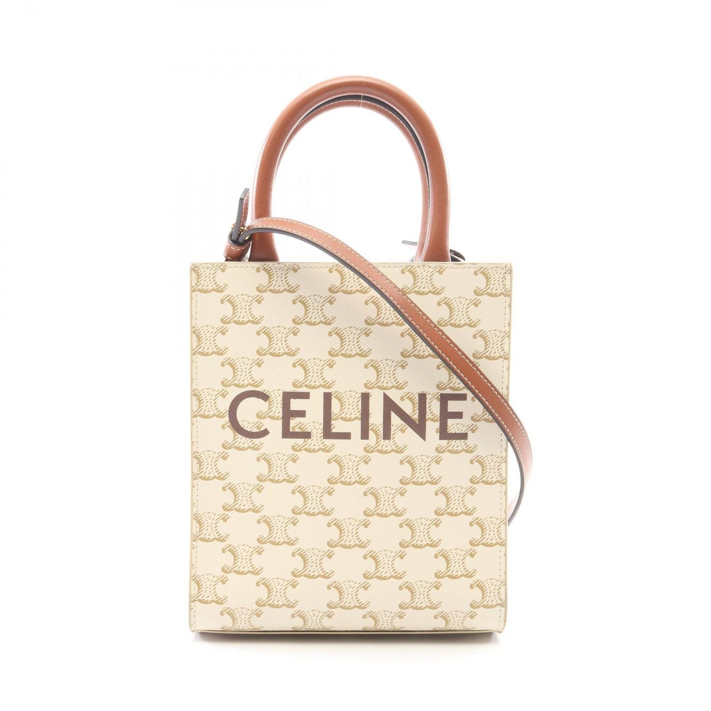 Celine Handbag Mini Vertical Cabas Triomphe 2-Way Ivory Brown Canvas Leather