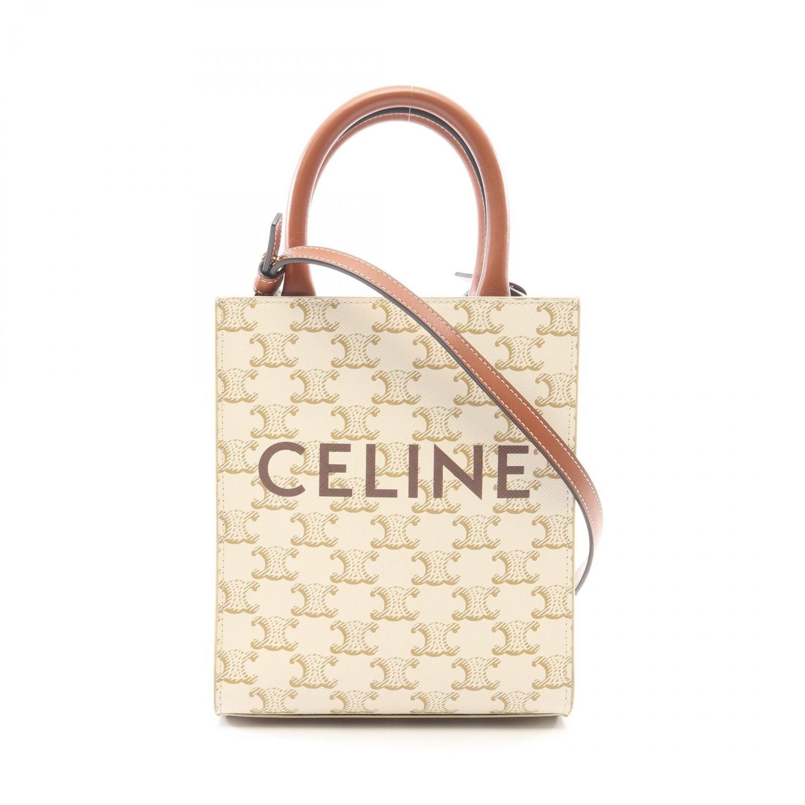 Celine Handbag Mini Vertical Cabas Triomphe 2-Way Ivory Brown Canvas Leather