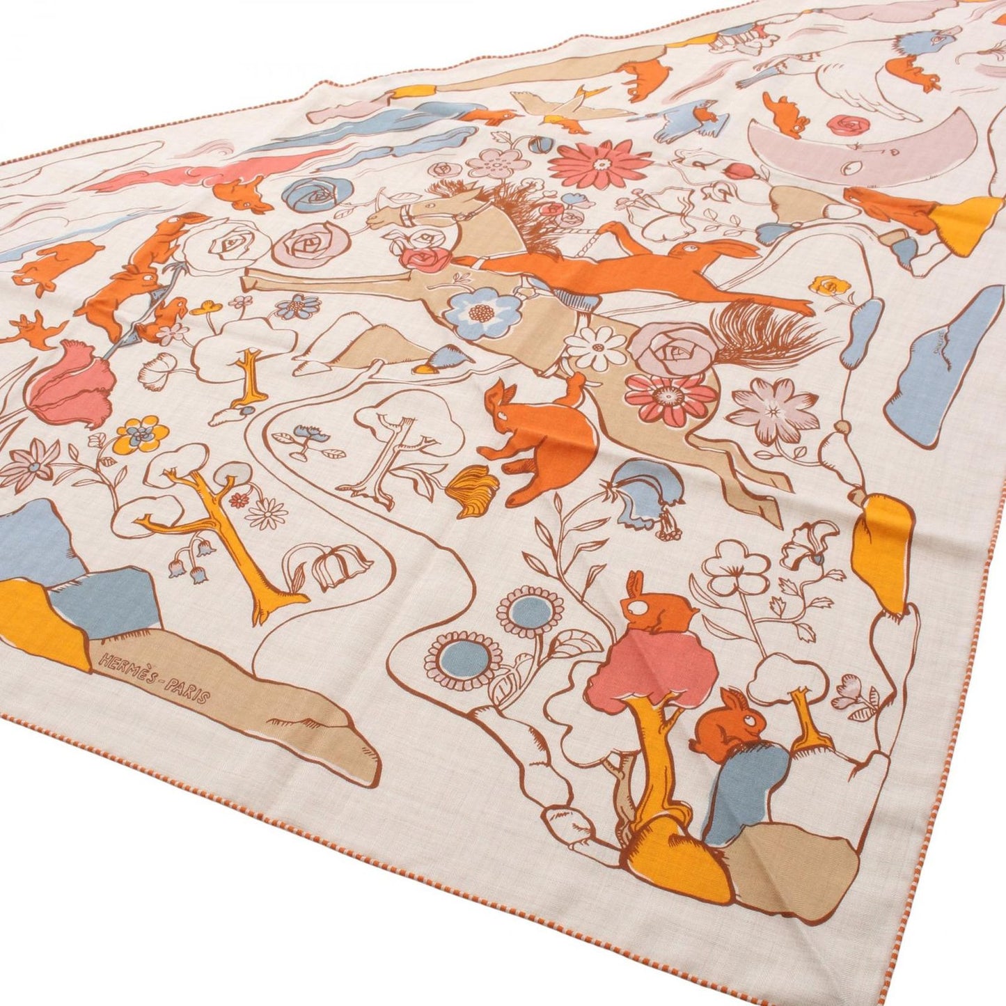 Hermes Shawl Triangle Jean Mille ET UN Lapins Natural Orange Cui Blue Cles Silk — view 2
