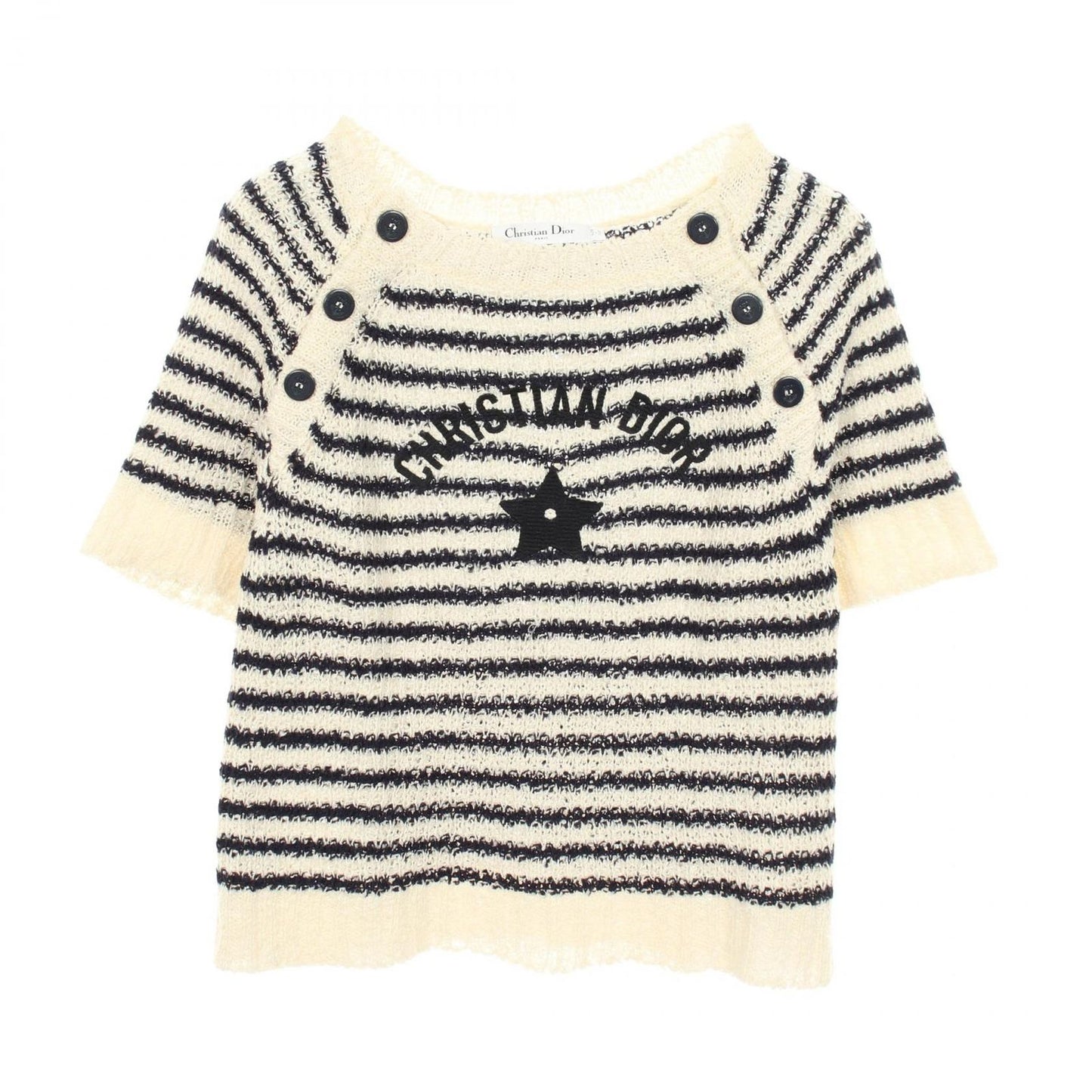 Dior Knit Mariner Marine Border Short Sleeve Ivory Cotton Silk Sweater