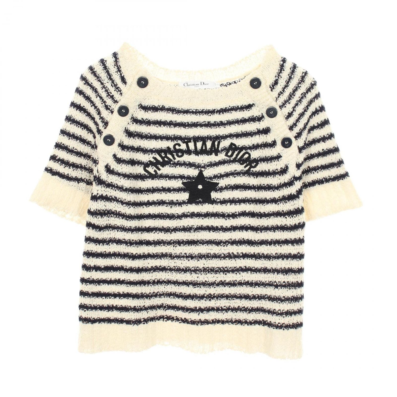 Dior Knit Mariner Marine Border Short Sleeve Ivory Cotton Silk Sweater