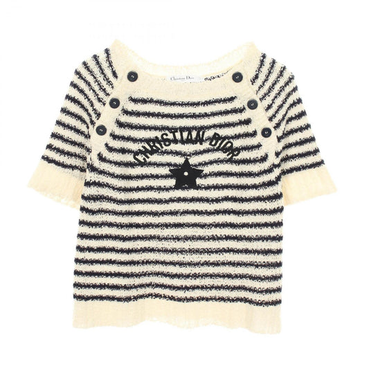 Dior Knit Mariner Marine Border Short Sleeve Ivory Cotton Silk Sweater