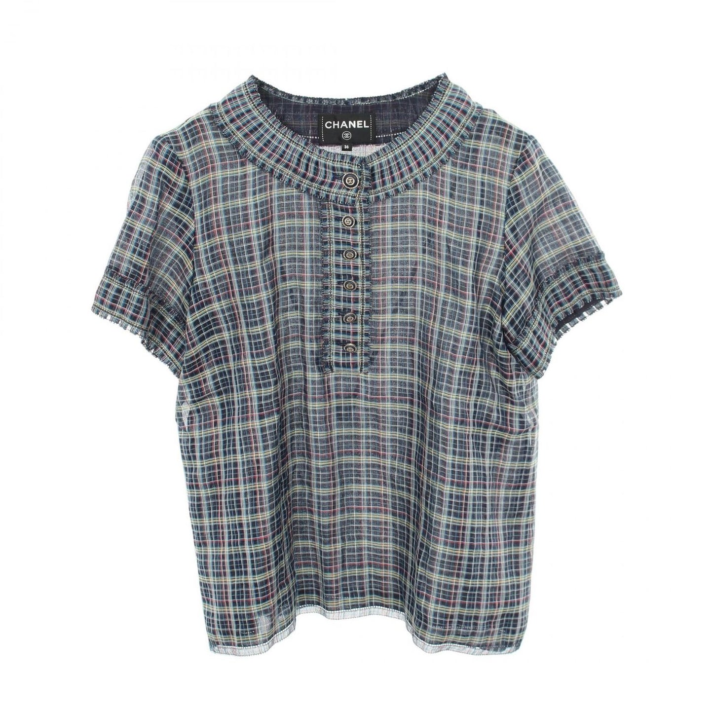 Chanel Blouse CC Logo Button Check Navy Silk
