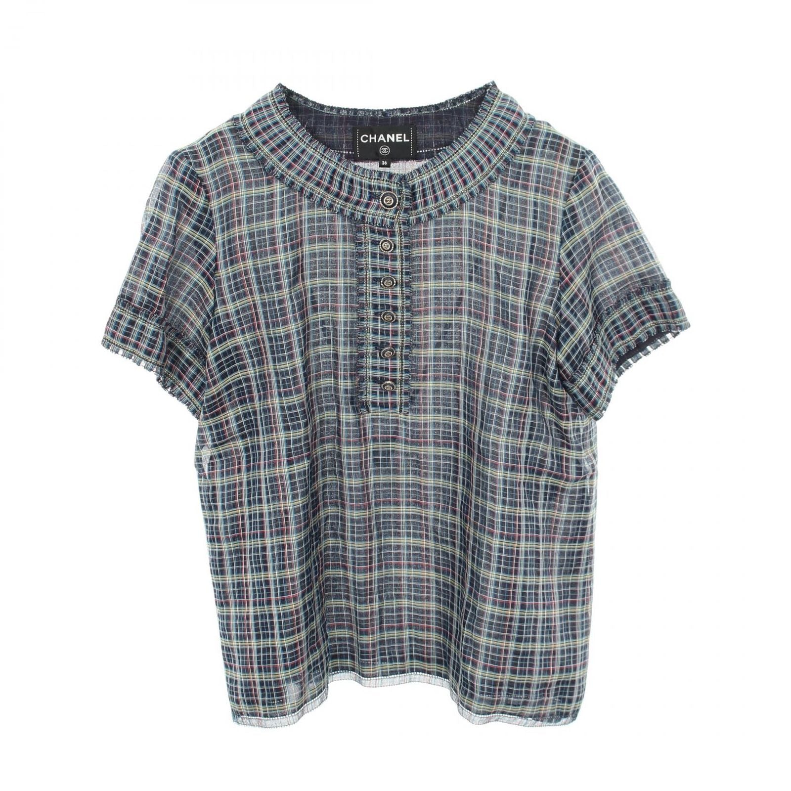 Chanel Blouse CC Logo Button Check Navy Silk