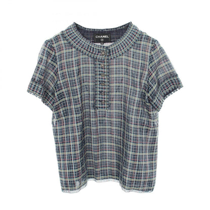 Chanel Blouse CC Logo Button Check Navy Silk