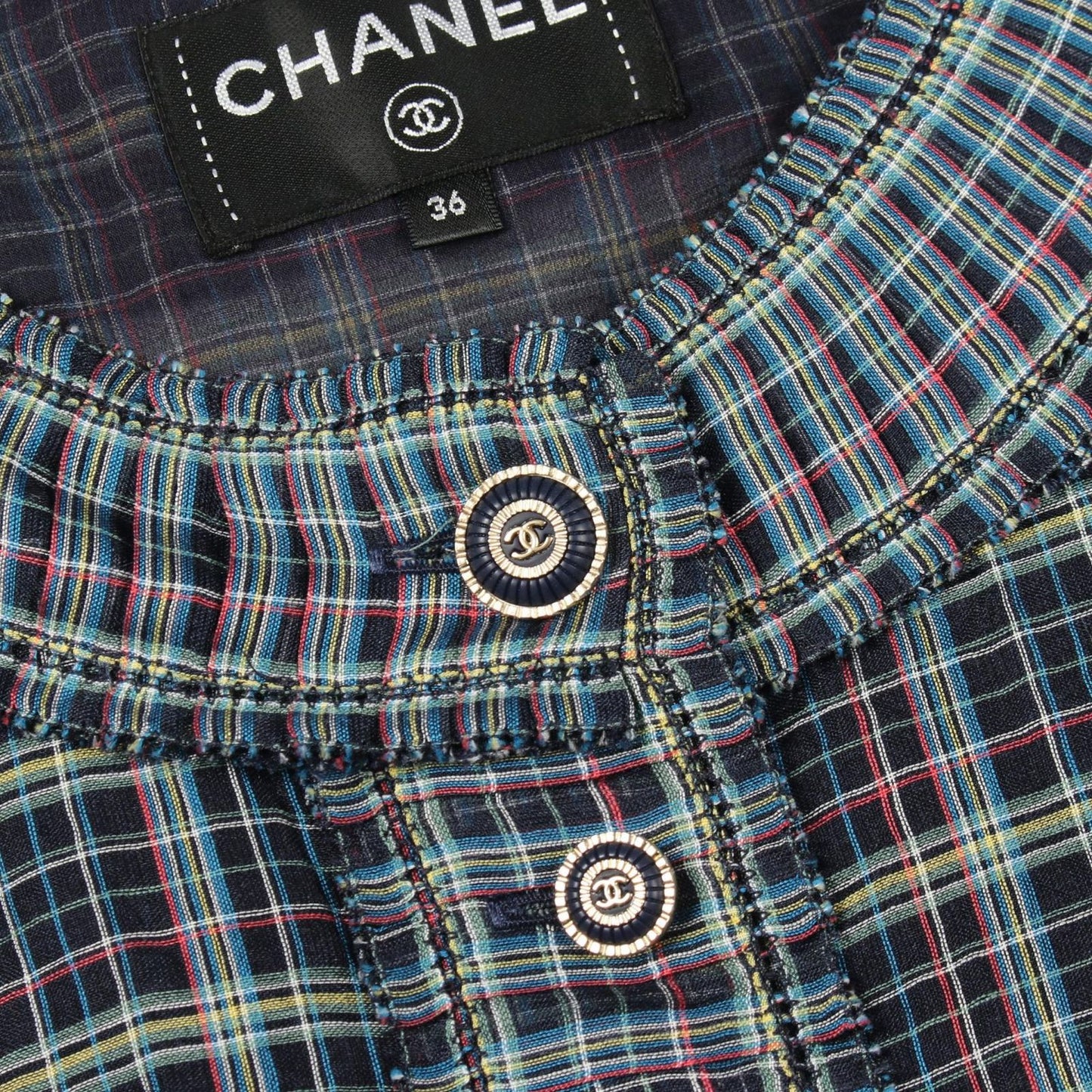 Chanel Blouse CC Logo Button Check Navy Silk — view 6